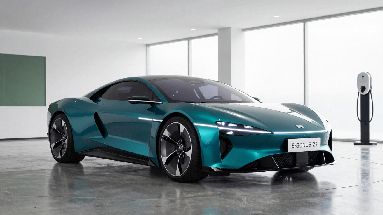 Carro elétrico desportivo azul com design aerodinâmico estacionado em garagem com carregador.