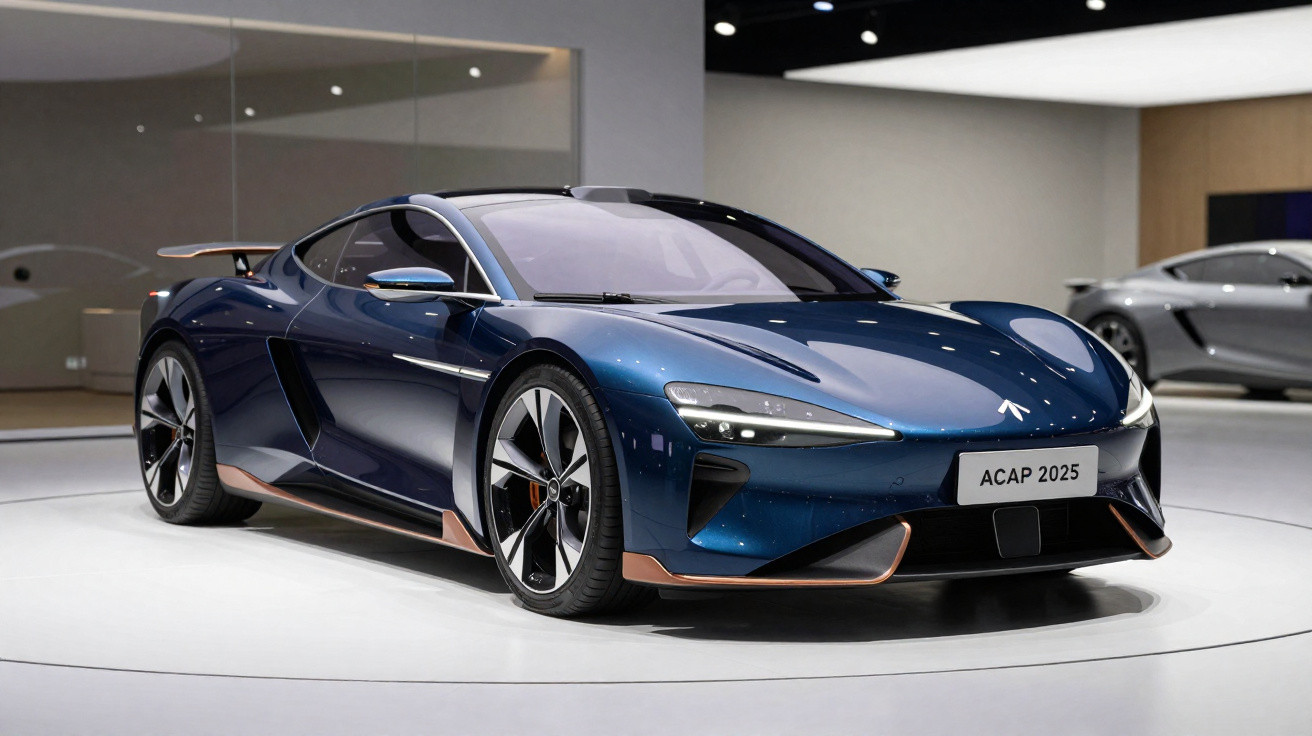 Carro desportivo eléctrico azul escuro com detalhes metálicos exposto em salão automóvel.