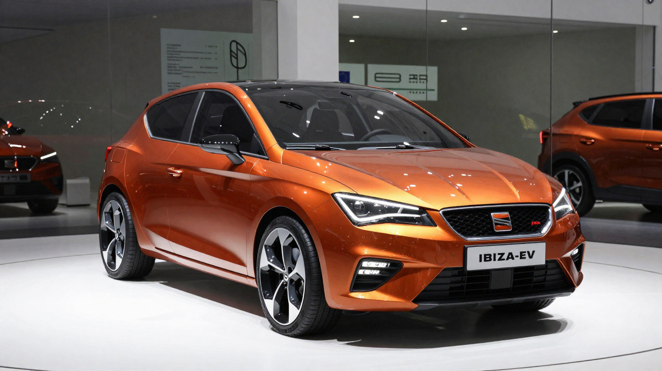 Carro eléctrico SEAT Ibiza EV cobre em exposição com rodas desportivas e faróis LED acesos.