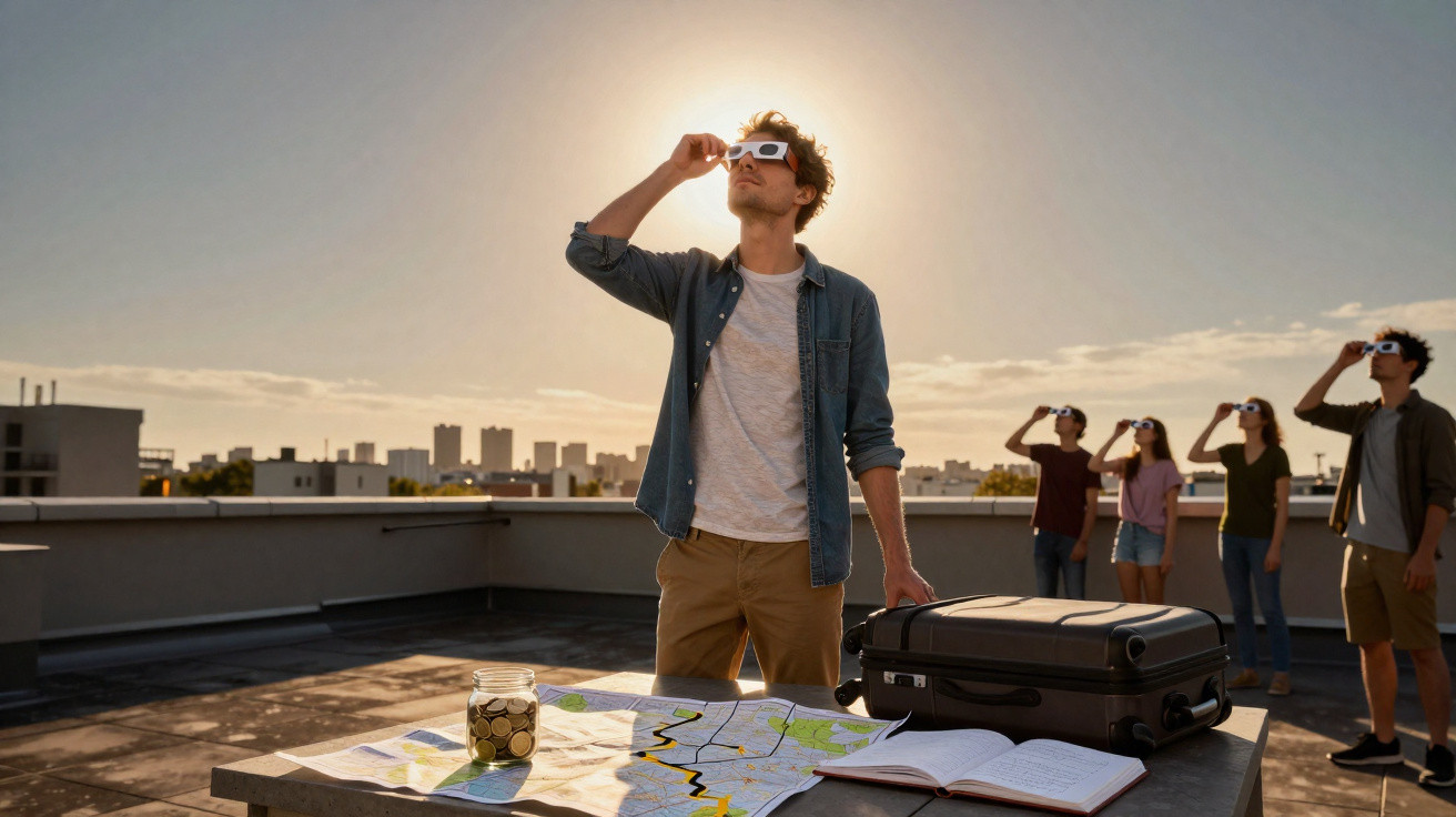 Homem usa óculos especiais para observar eclipse solar, com grupo ao fundo no terraço de edifício urbano.
