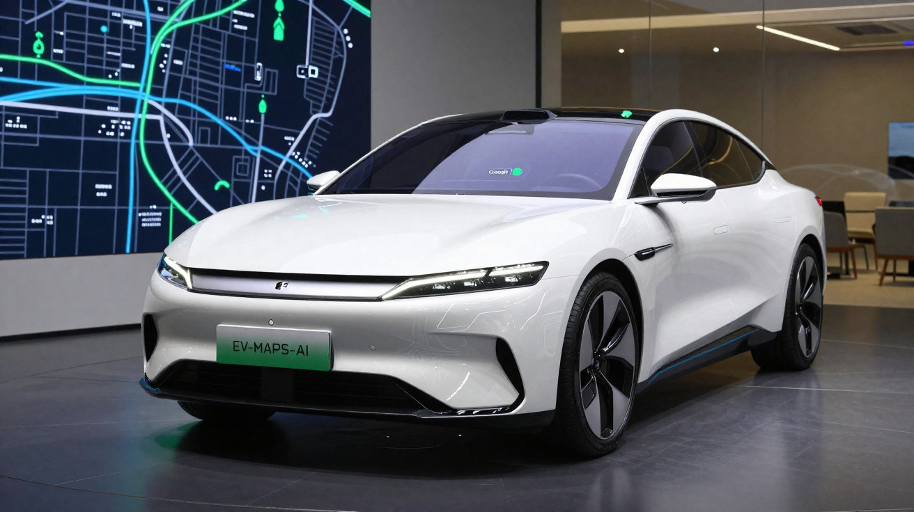 Carro elétrico branco moderno estacionado em ambiente futurista com mapa digital ao fundo.