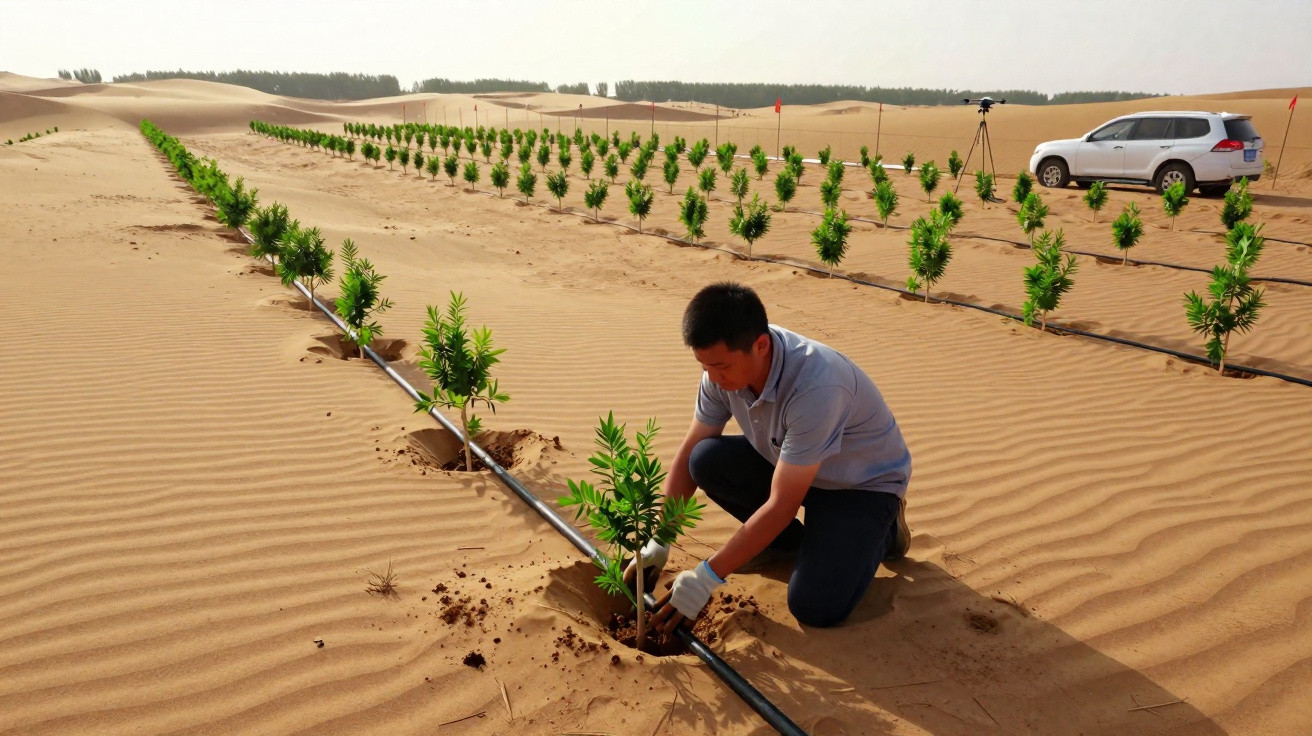 Homem a plantar árvores no deserto com sistema de rega gota a gota e veículo branco ao fundo.