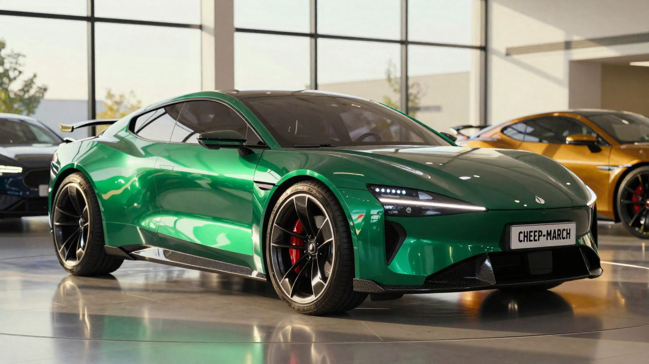 Carro desportivo elétrico verde em exposição numa sala moderna com janelas grandes.
