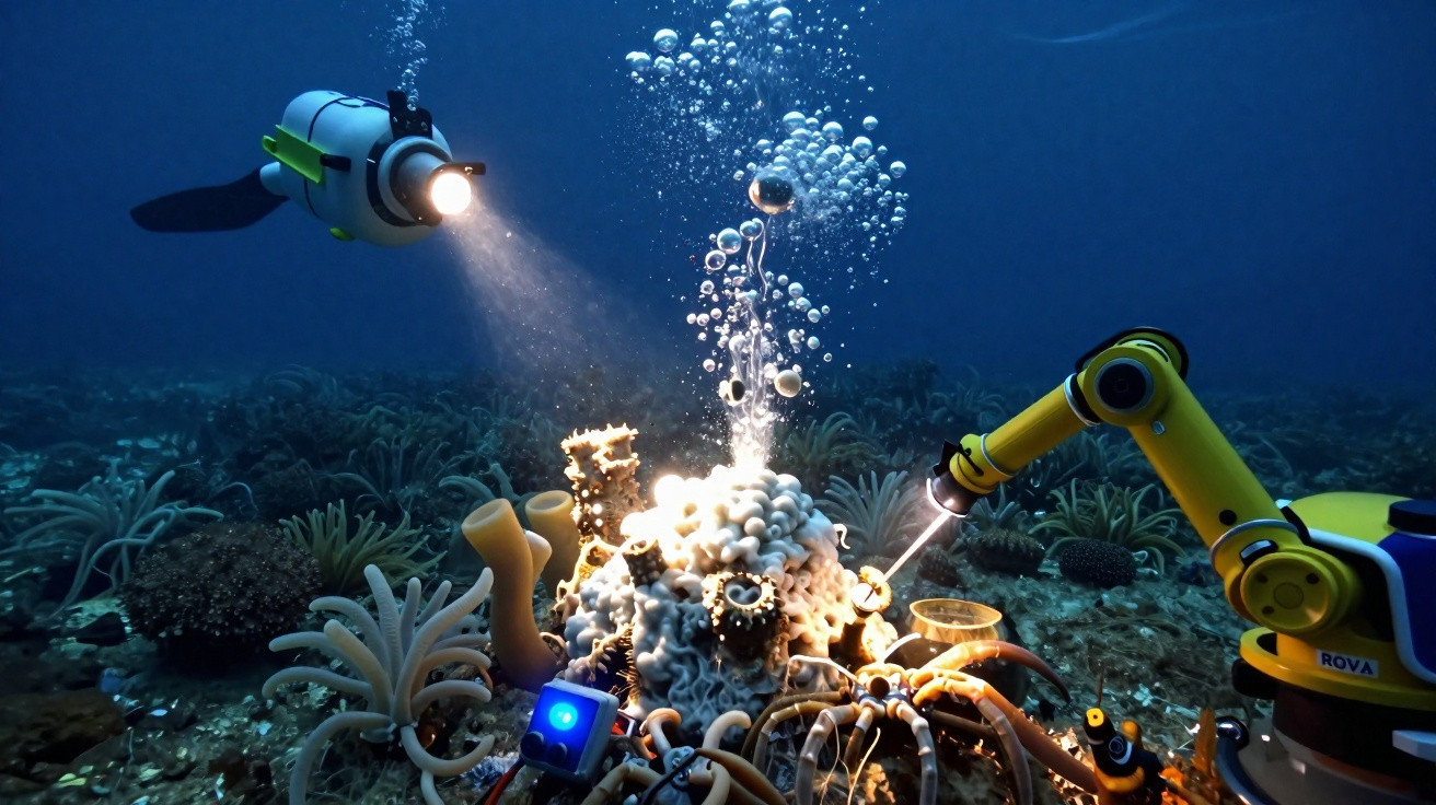 Robôs subaquáticos iluminam recife de coral com braços mecânicos a explorar o fundo do mar.