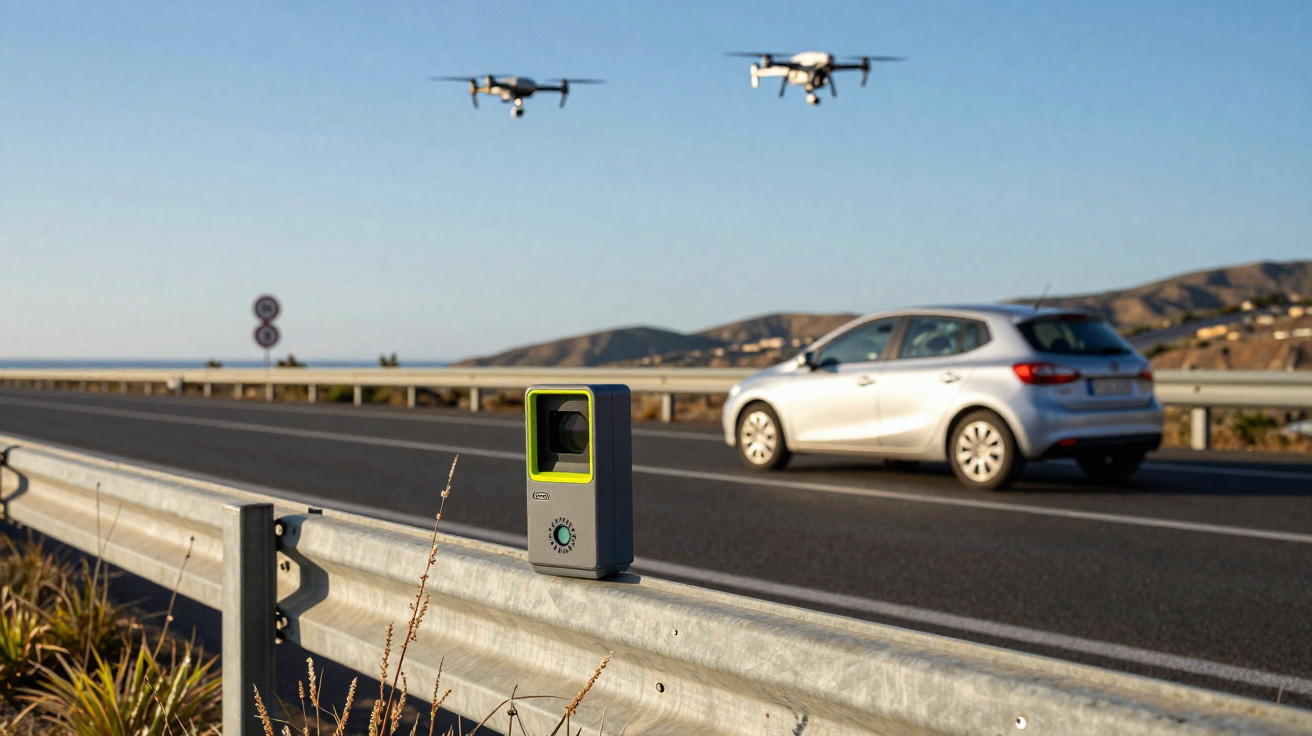 Câmara de controlo de velocidade numa estrada costeira com um carro, dois drones e um helicóptero ao fundo.
