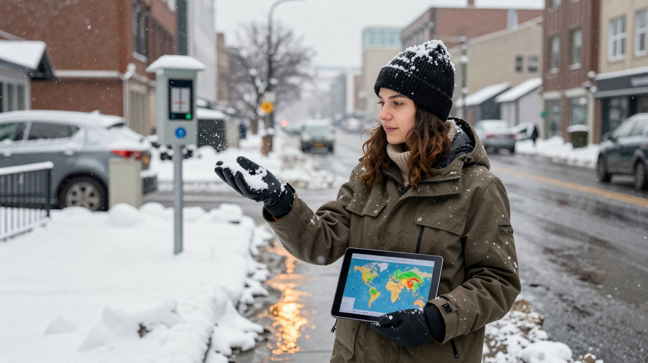 Jovem com casaco e gorro segura tablet com mapa do clima enquanto segura um bloco de neve numa rua nevada.