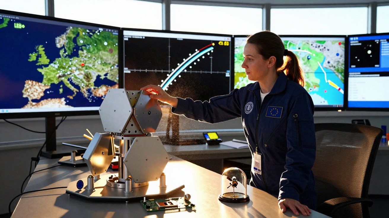 Mulher em fato azul da UE interage com modelo tecnológico em sala com mapas e gráficos espaciais em ecrãs grandes.