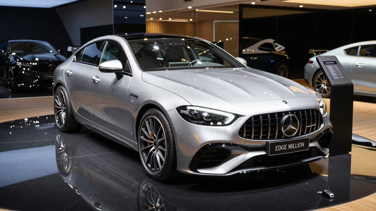Carro desportivo prata Mercedes-Benz Edge Million exposto num salão automóvel moderno.