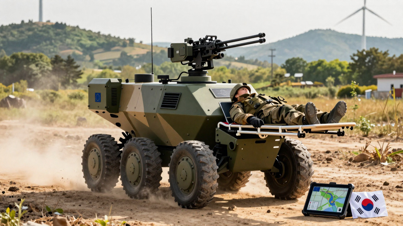 Veículo robótico militar transporta manequim numa maca em terreno seco, com ecrãs digitais ao lado.