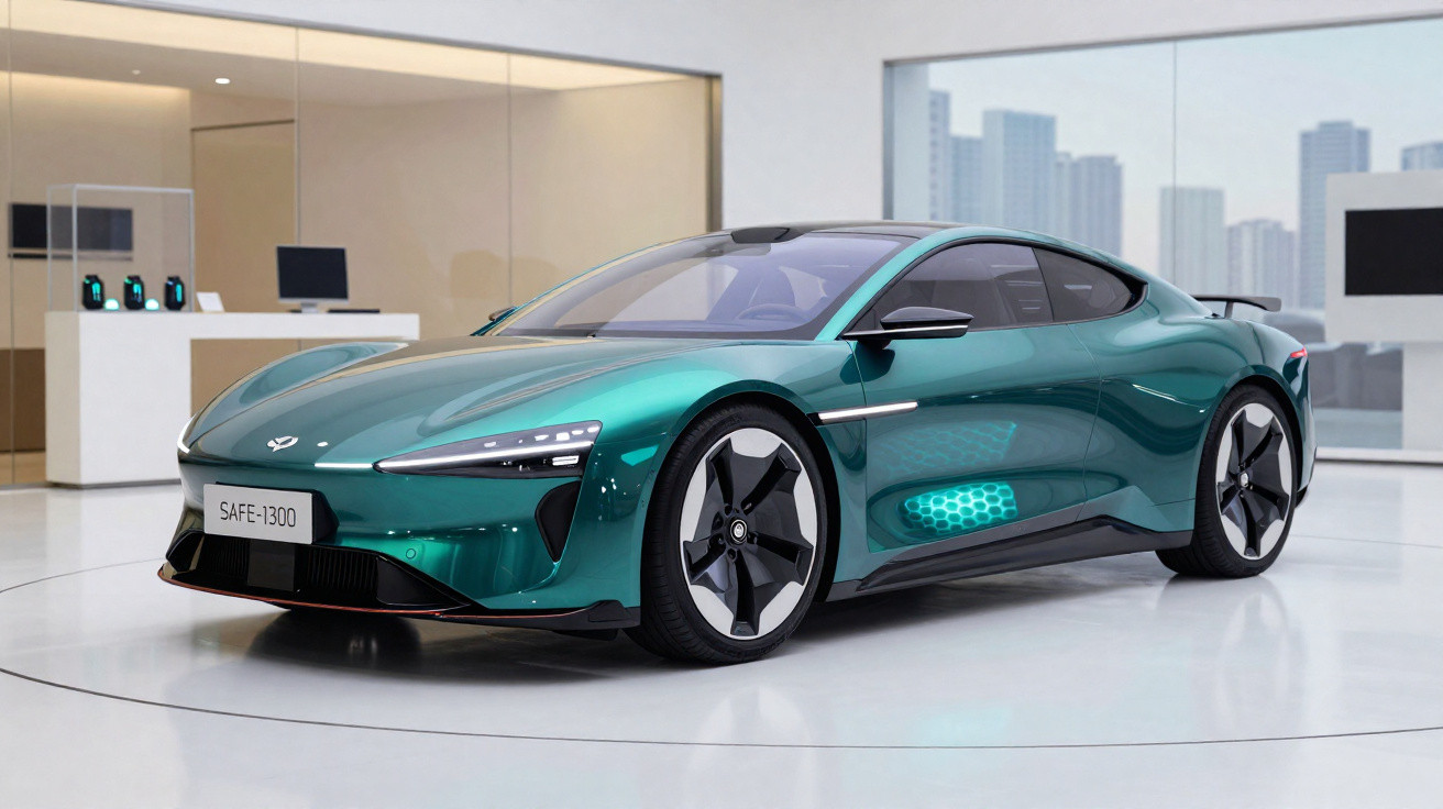 Carro desportivo elétrico verde metálico numa exposição automóvel moderna e luminosa.