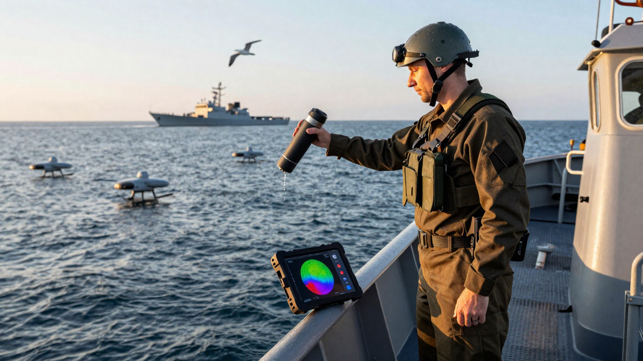 Pessoa com uniforme preto segura dispositivo perto de ecrã tátil num barco, com navio e drones no mar ao fundo.