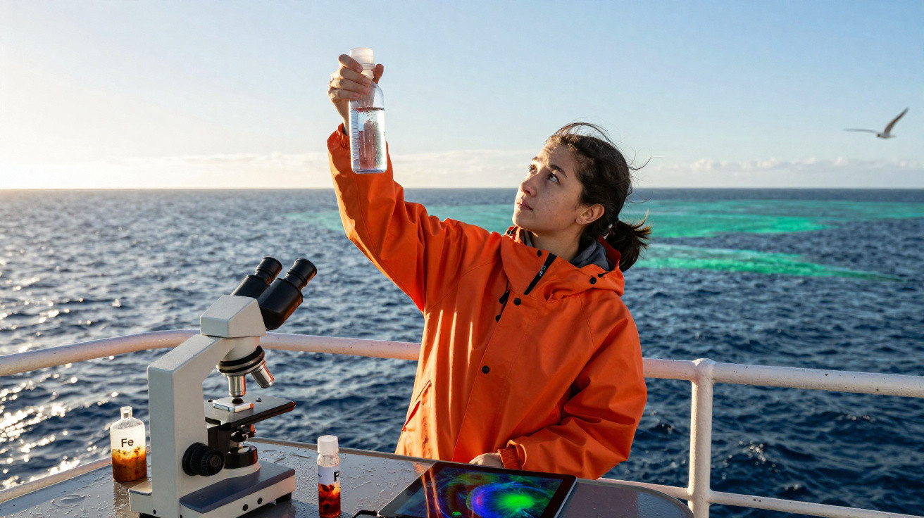Mulher com casaco laranja analisa amostra de água ao lado de microscópio e tablet num barco no mar.