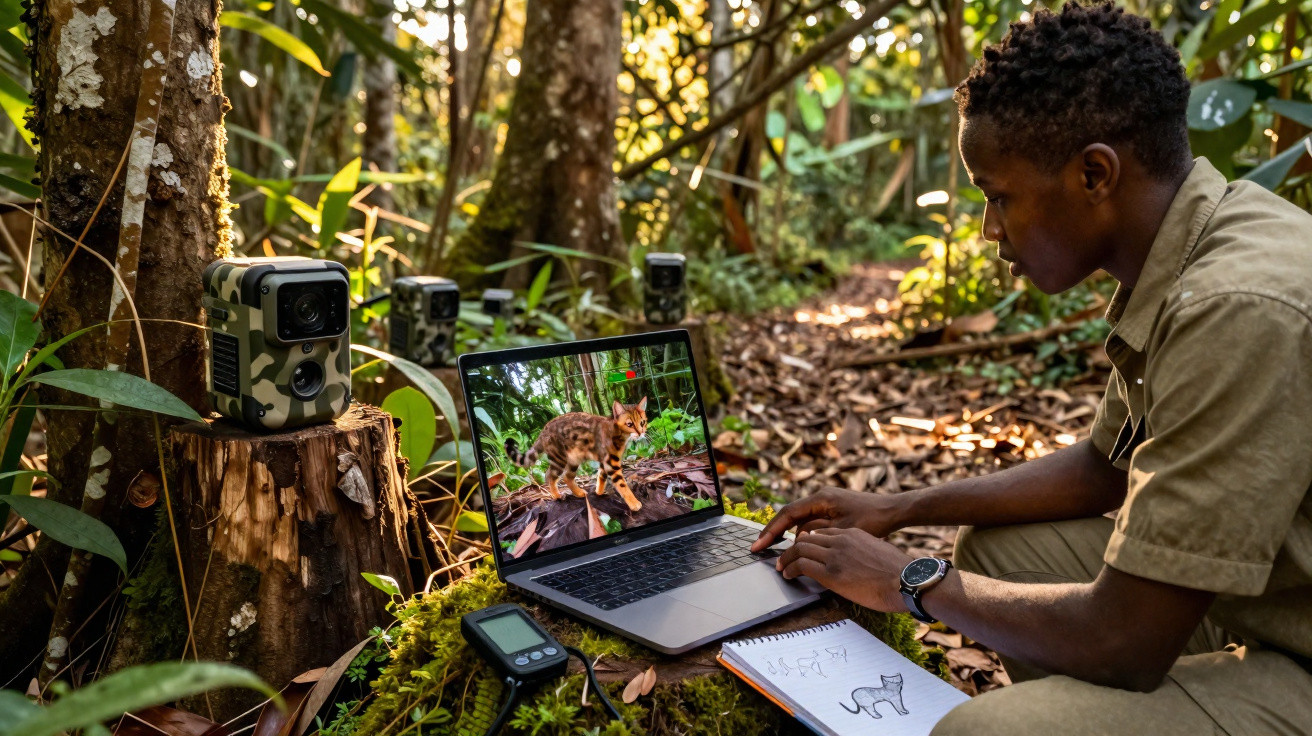 Homem a monitorizar imagem de um gato selvagem num portátil na floresta, com equipamentos de vigilância na árvore.