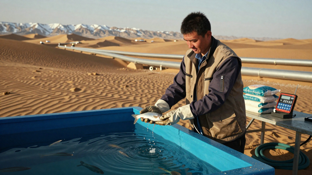 Homem a segurar peixe junto a uma piscina de água no deserto com dunas e equipamento ao fundo.