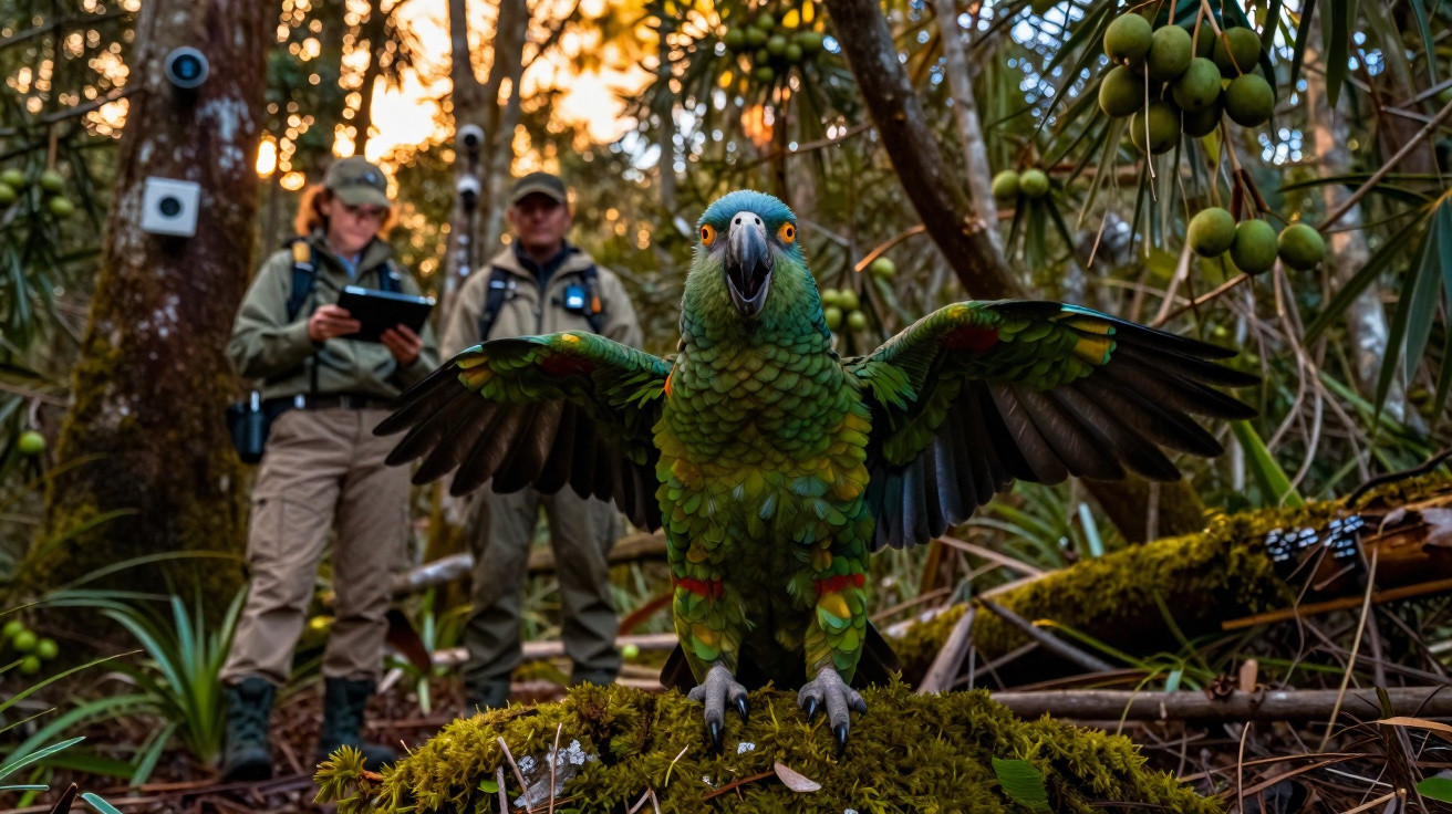 Papagaio verde com asas abertas em floresta, com três investigadores de campo ao fundo observando.