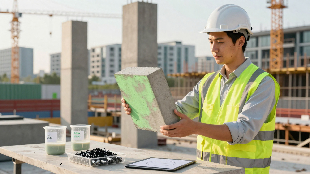Engenheiro de construção com colete e capacete a examinar bloco de cimento num estaleiro.