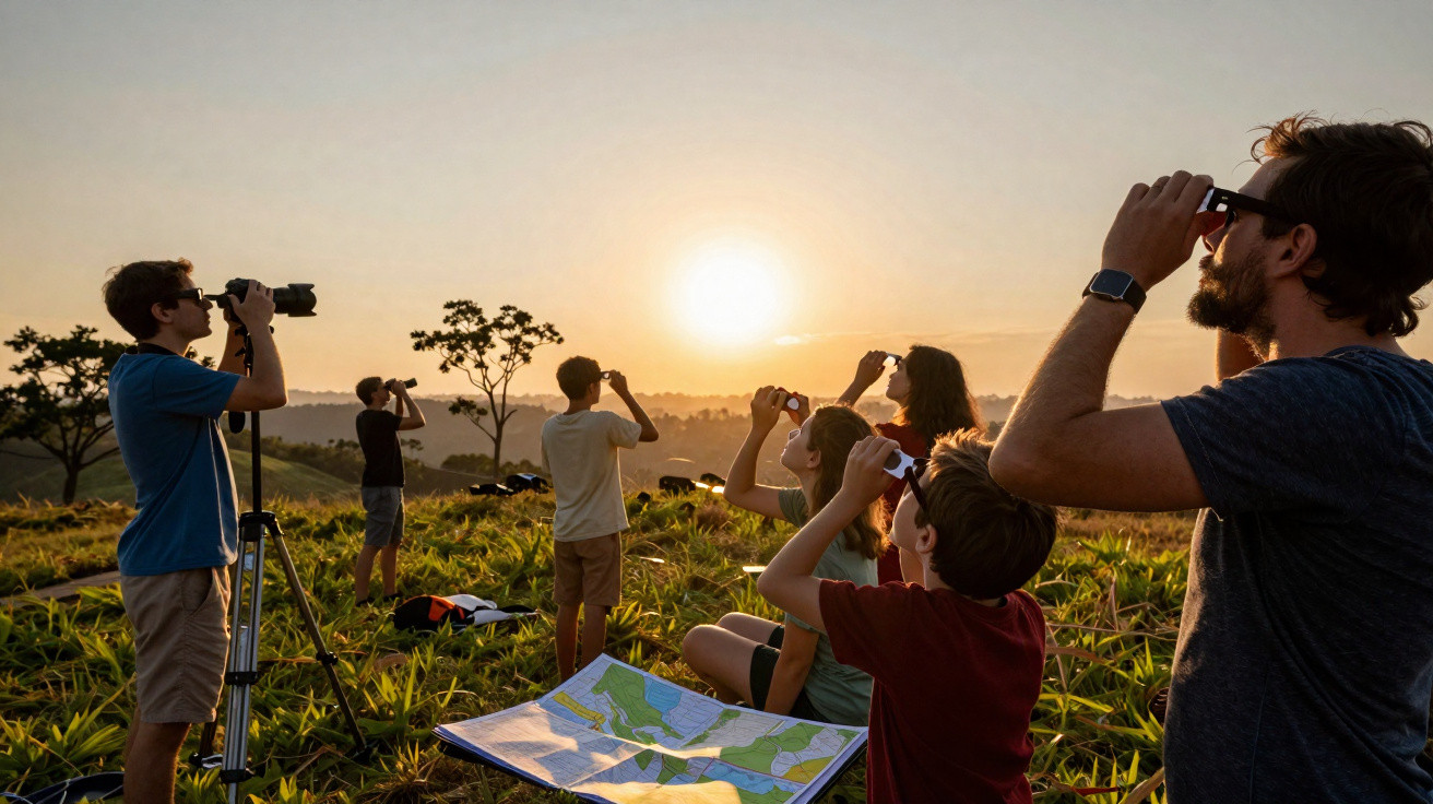 Grupo observa a paisagem ao pôr do sol usando binóculos, junto a um mapa numa área rural.