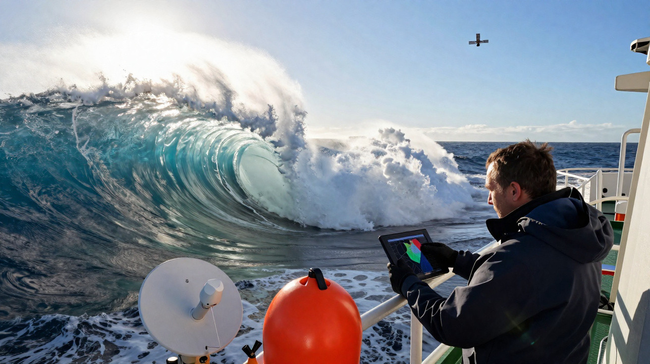 Homem numa embarcação a analisar dados num tablet enquanto uma onda grande se forma no mar.