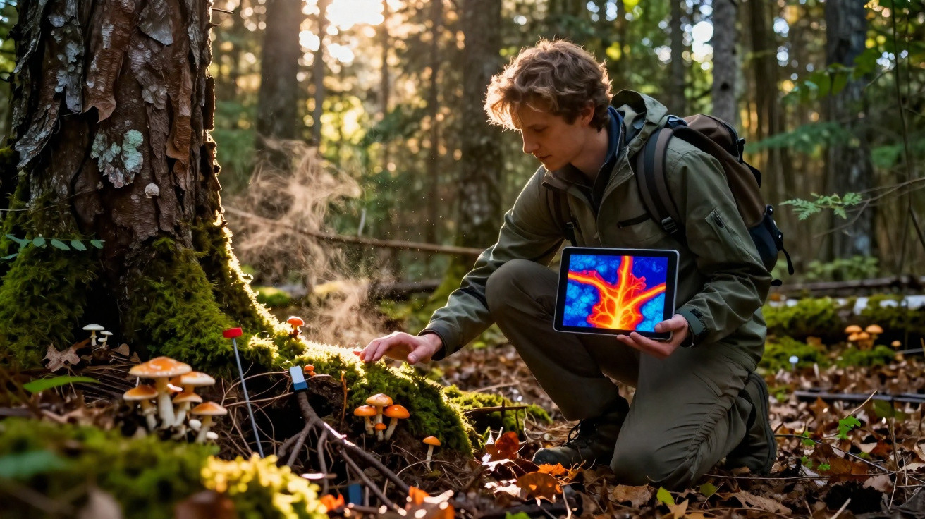 Jovem com tablet observa cogumelos num bosque, enquanto mede temperatura do solo com sensor térmico.