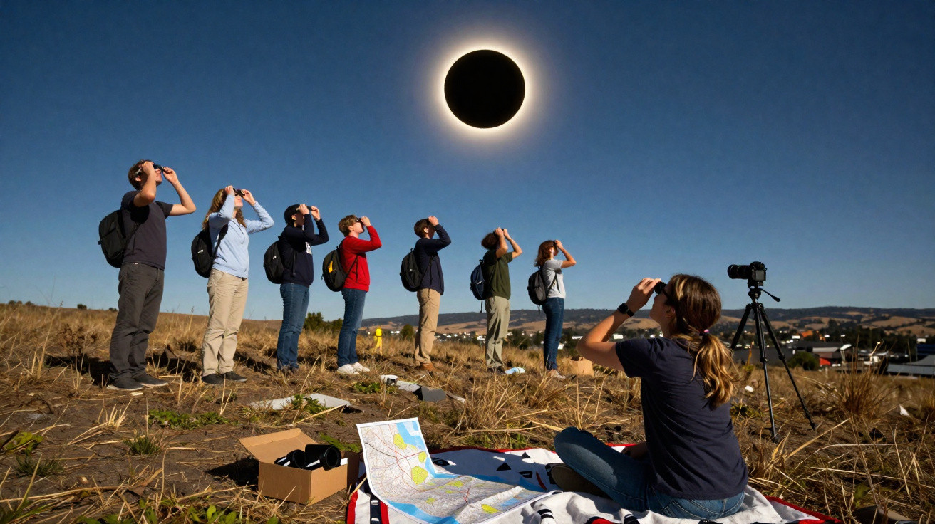 Grupo de pessoas a observar eclipse solar com óculos protetores em campo aberto durante o dia.