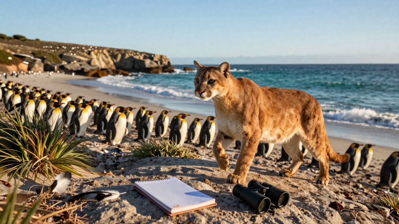Puma na praia com grupo de pinguins, binóculos e caderno sobre areia e vegetação costeira.
