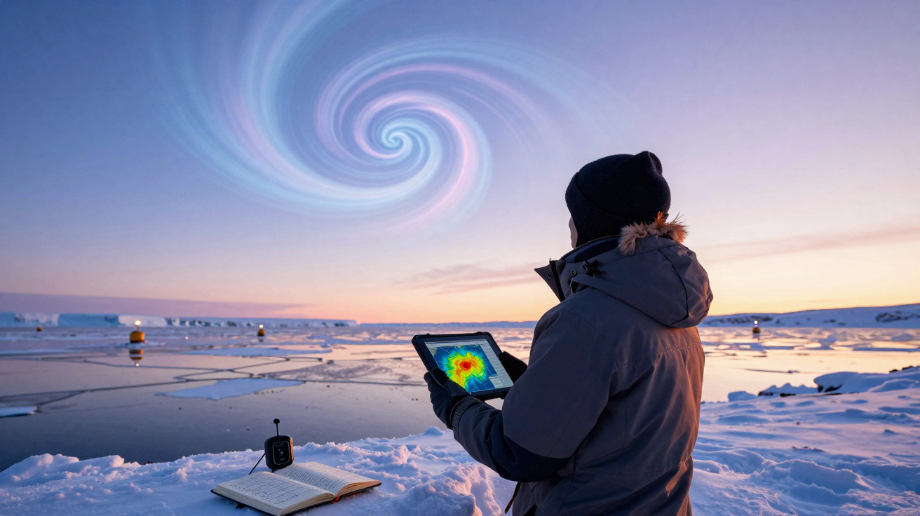 Pessoa com roupa de inverno usa tablet para analisar dados numa paisagem nevada com céu espiral azul e rosa.