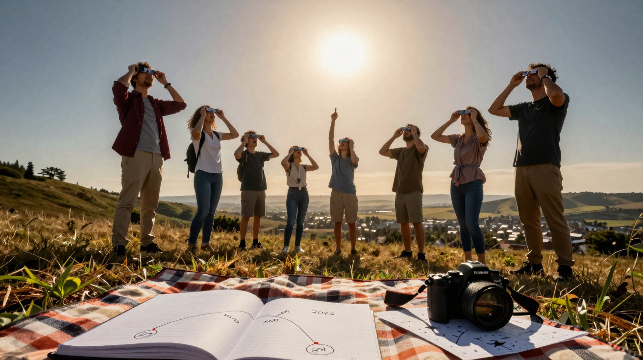 Grupo de pessoas a observar o céu com binóculos, ao pôr do sol, em campo aberto com material de astronomia.