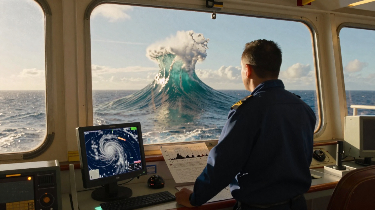Homem na ponte de comando observa uma onda grande no mar fora do navio durante o dia.