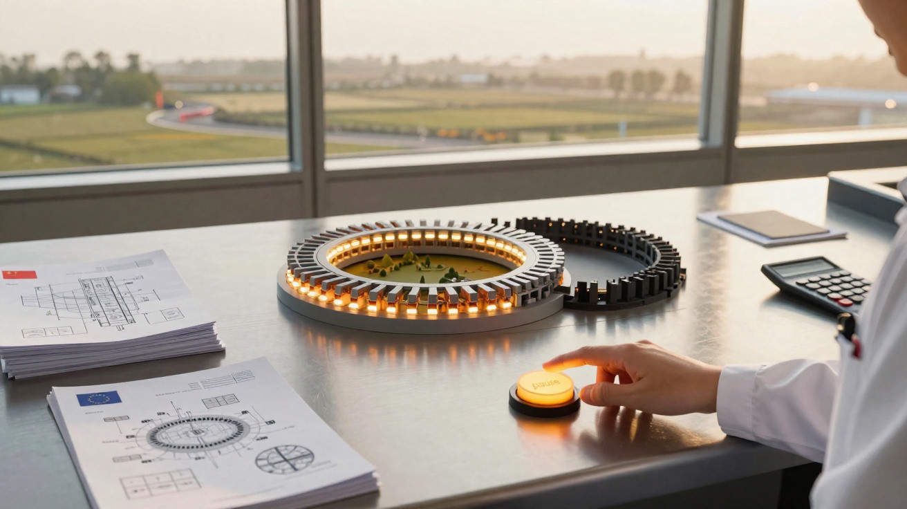 Modelo arquitetónico iluminado de estádio circular numa mesa com plantas, plantas e documentos técnicos.