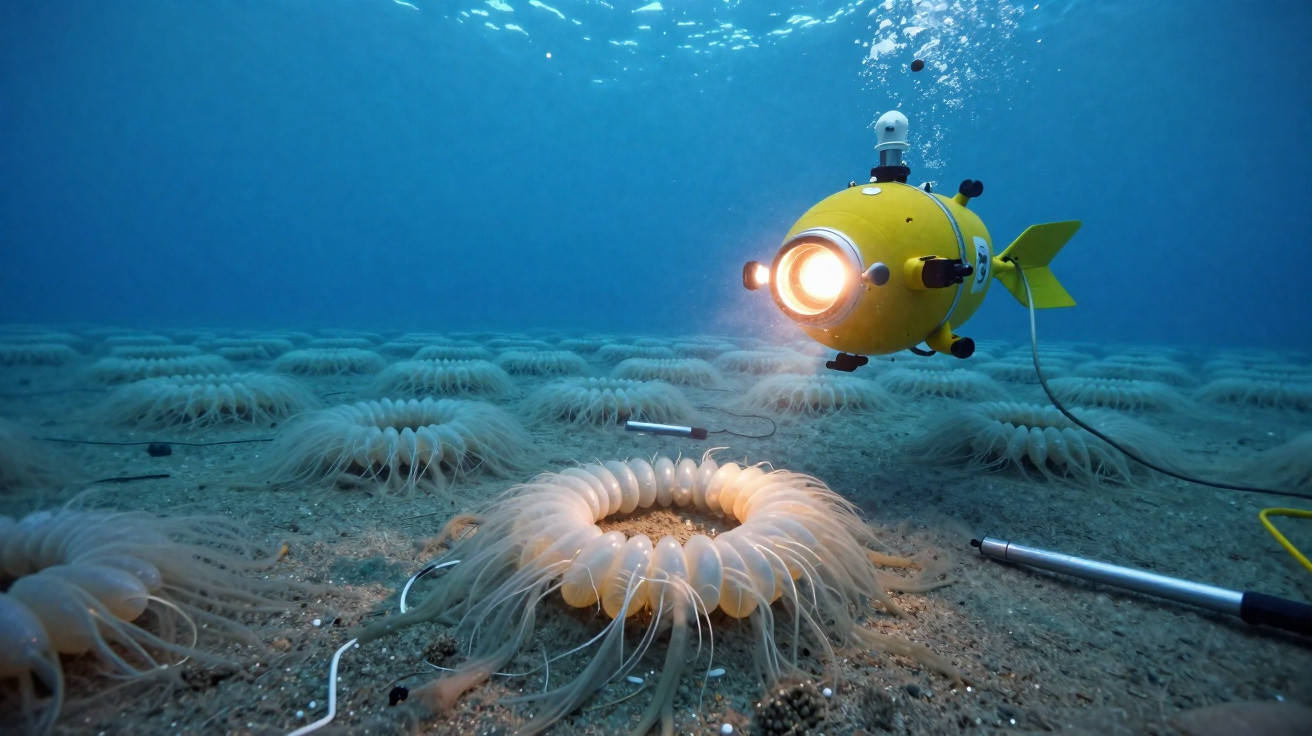 Veículo subaquático amarelo iluminando estruturas circulares no fundo do mar.