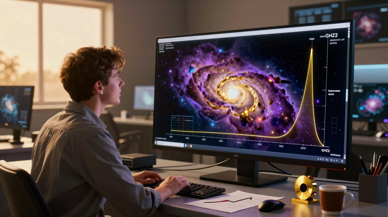 Jovem cientista observa no computador uma imagem detalhada de uma galáxia espiral em ambiente de laboratório.