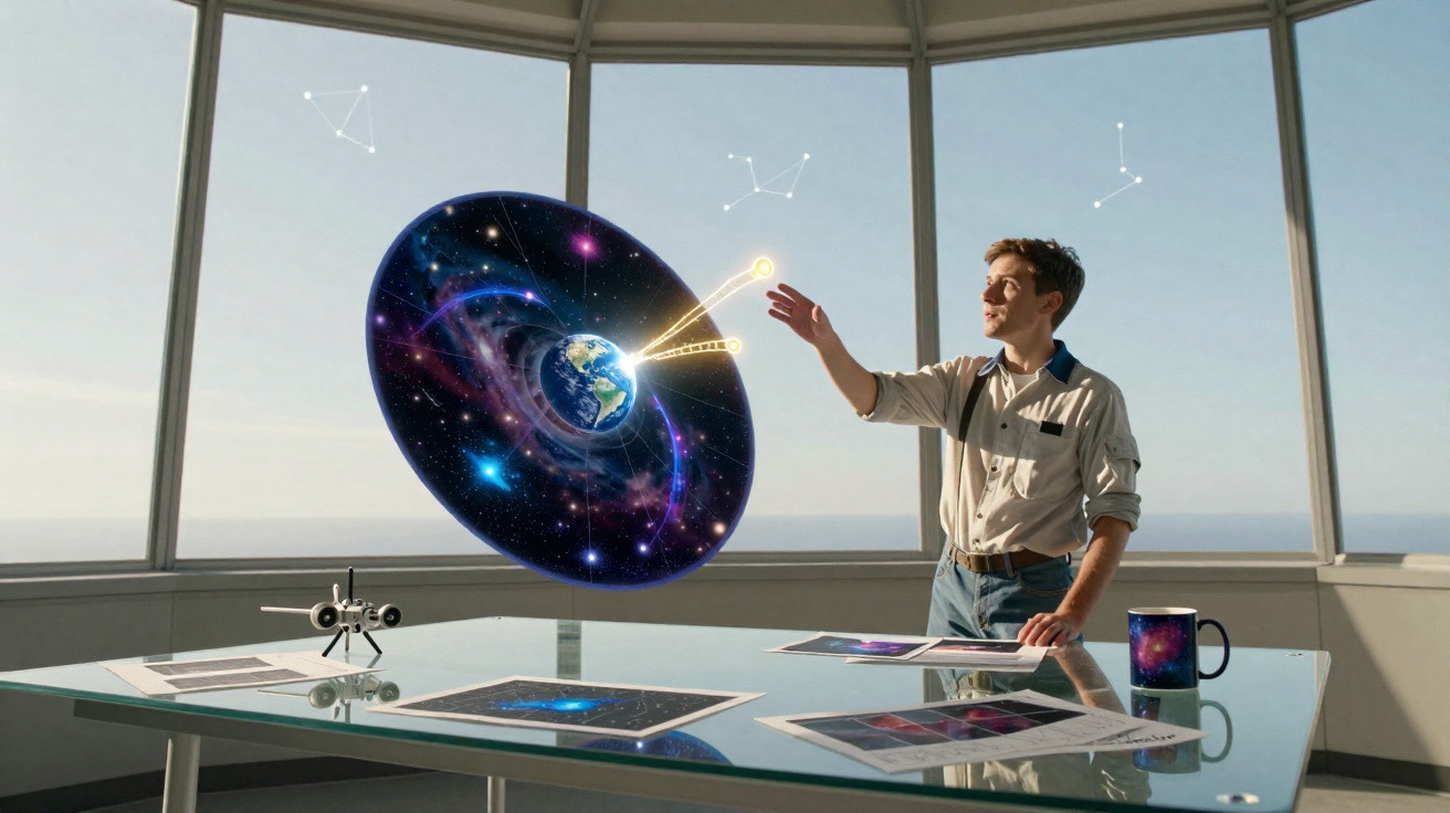 Jovem em fato espacial interage com projeção holográfica do sistema solar numa sala moderna com janelas panorâmicas.