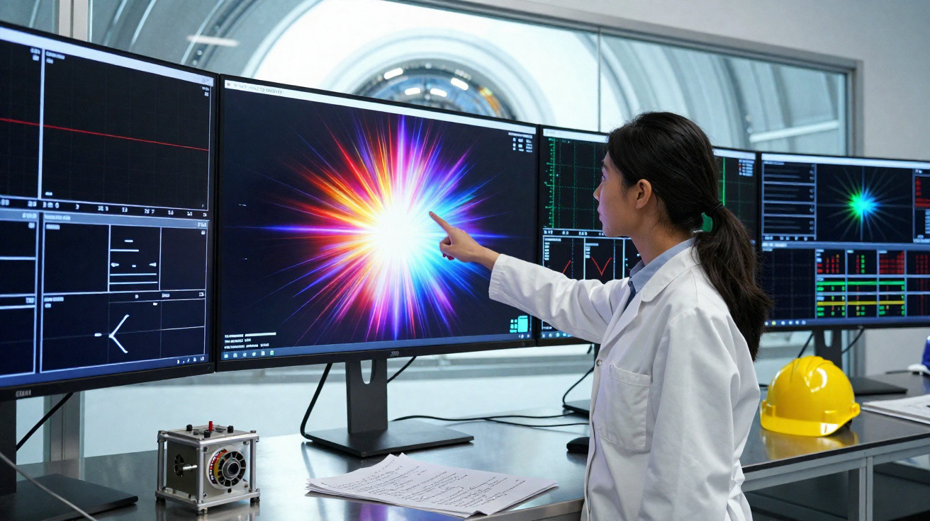 Cientista em bata branca interage com ecrã mostrando imagem colorida de partícula num laboratório tecnológico.