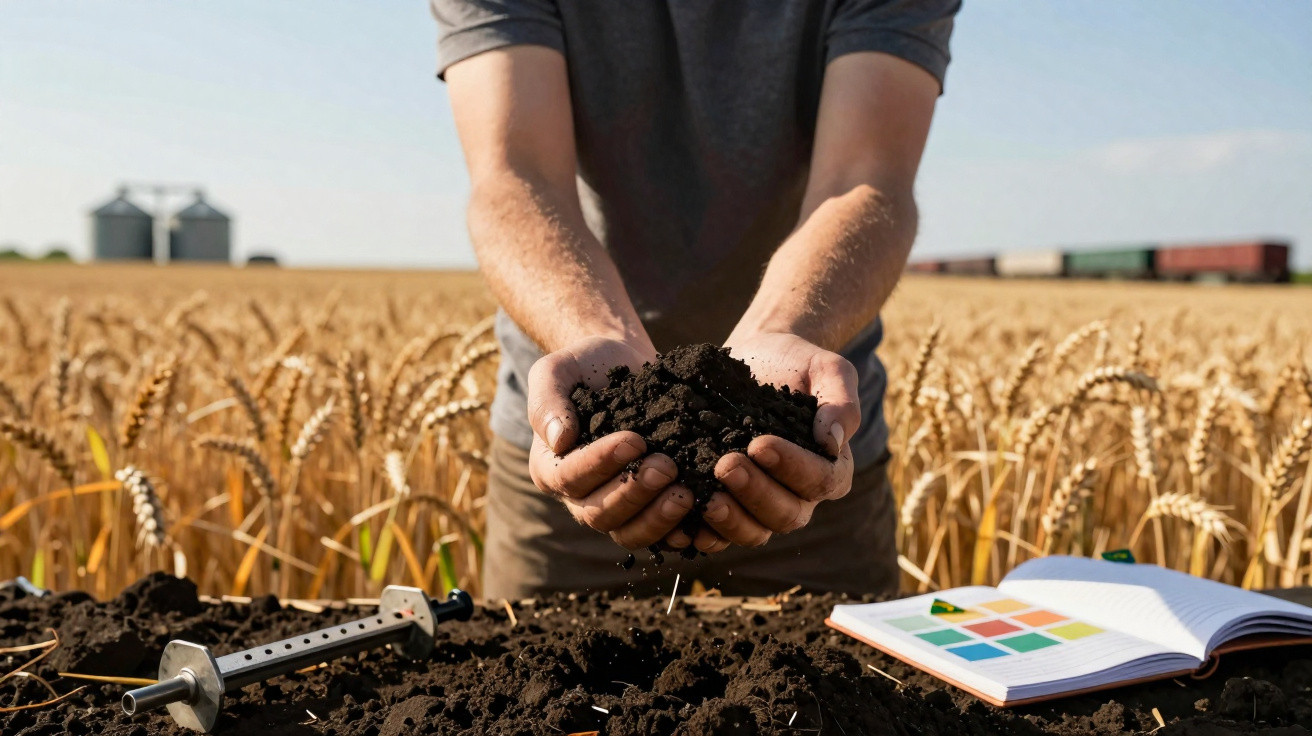 Pessoa segura terra fértil nas mãos, campo de trigo ao fundo, ferramenta agrícola e caderno aberto sobre a terra.