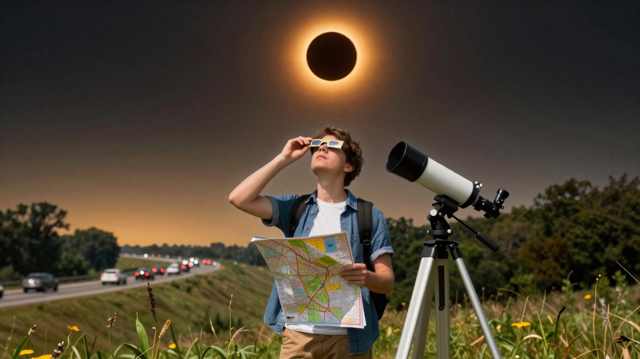 Homem observa eclipse solar com óculos especiais, mapa na mão e telescópio num campo florido junto a estrada.