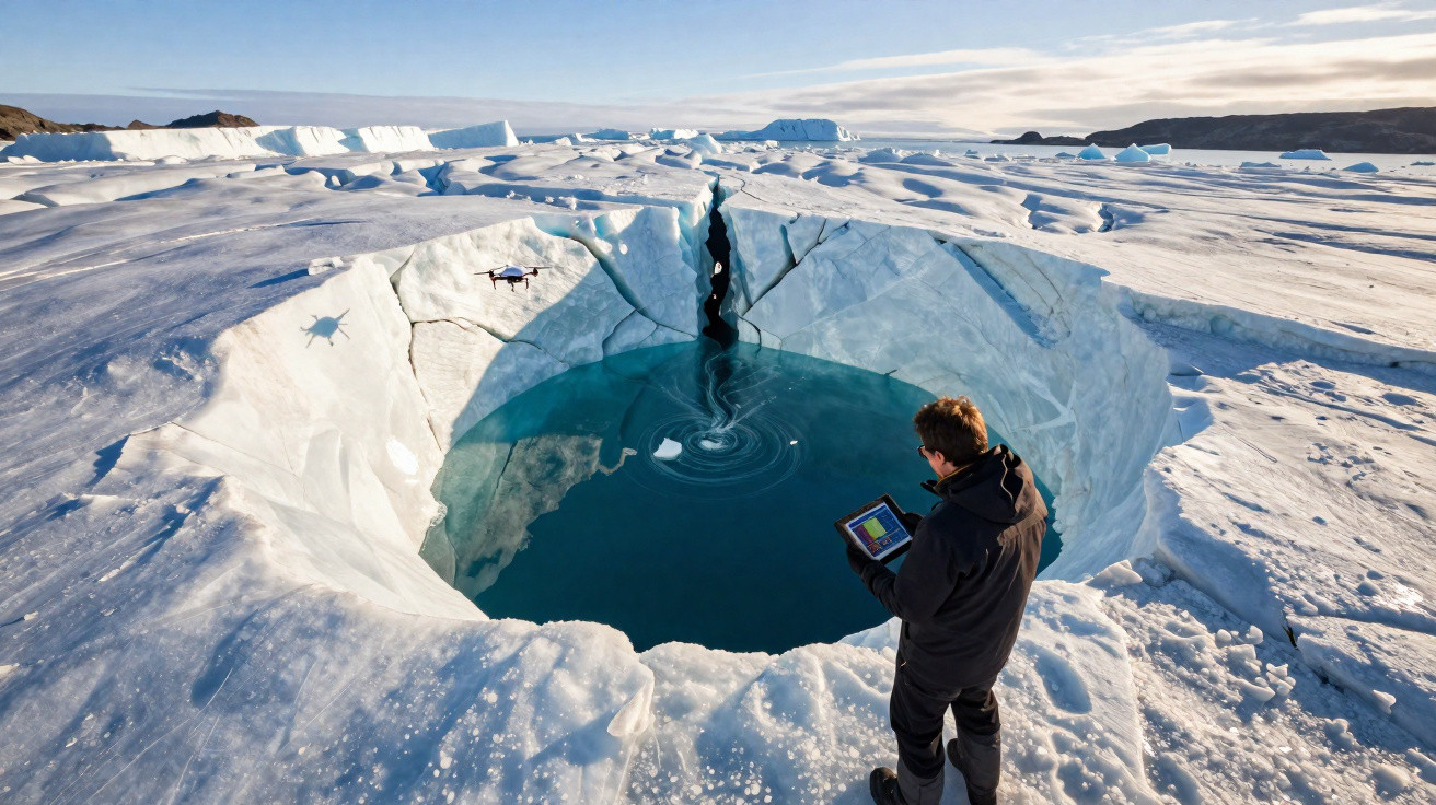 Pessoa controla drone sobre lago glaciar rodeado de gelo e neve numa paisagem polar luminosa.