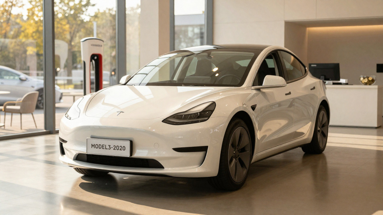 Carro elétrico Tesla Model 3 branco estacionado num showroom moderno e iluminado.