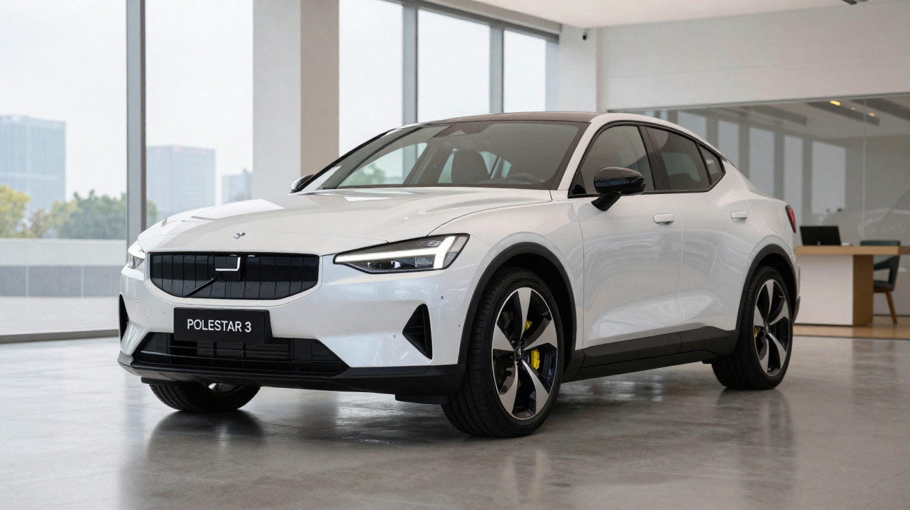 Carro elétrico branco Polestar 3 estacionado em interior com grandes janelas e chão cinzento.