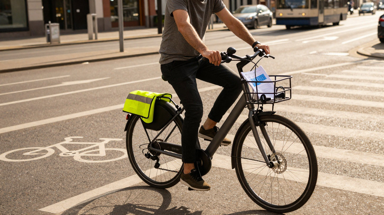 Homem a andar de bicicleta numa ciclovia urbana com bolsa amarela no porta-bagagens e carrinho à frente.