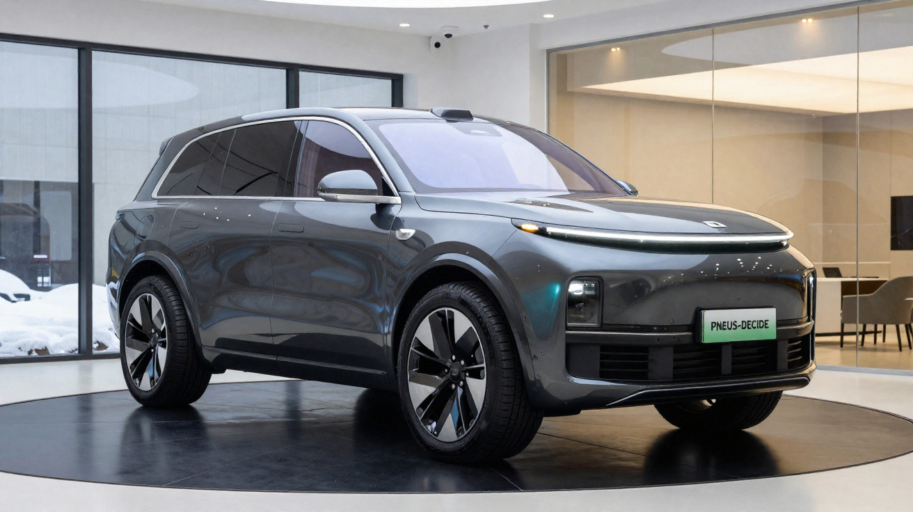 Carro elétrico SUV cinza moderno exposto em plataforma redonda numa sala com janelas e paredes de vidro.