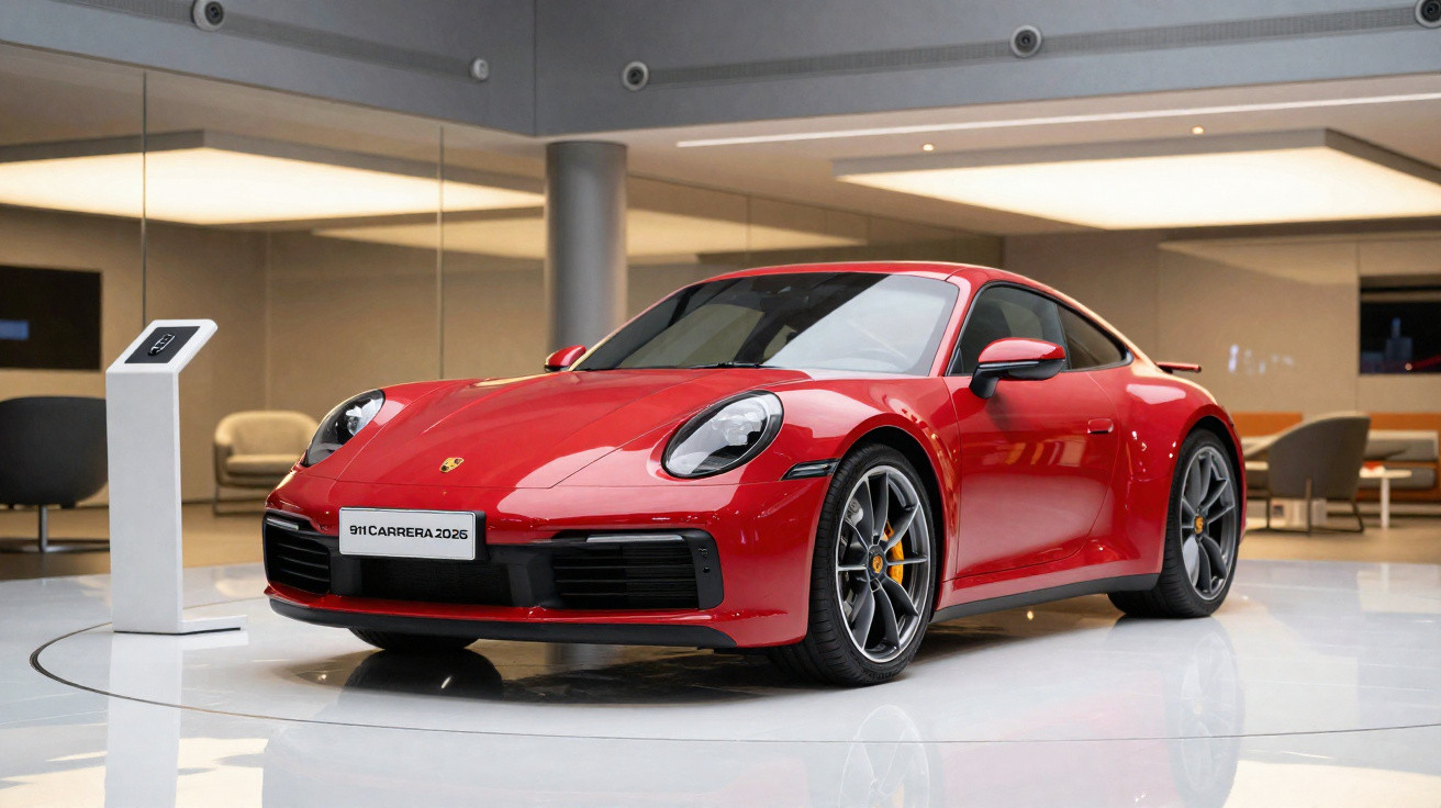 Carro desportivo vermelho Porsche 911 Carrera 2025 exposto numa sala moderna com chão branco brilhante.
