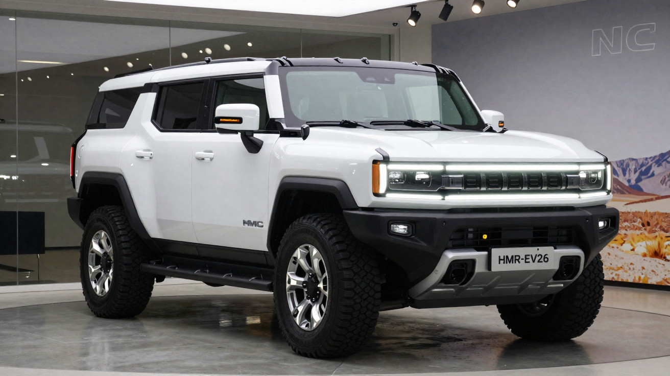 SUV elétrico branco HMR-EV26 estacionado em ambiente interior moderno com iluminação natural e focos no teto.