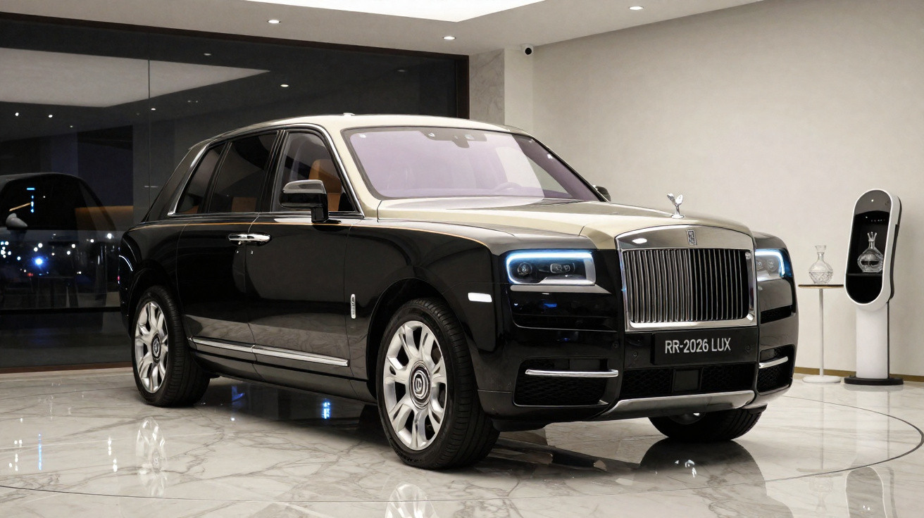 Automóvel de luxo Rolls-Royce Phantom preto e bege estacionado em interior moderno com chão de mármore.