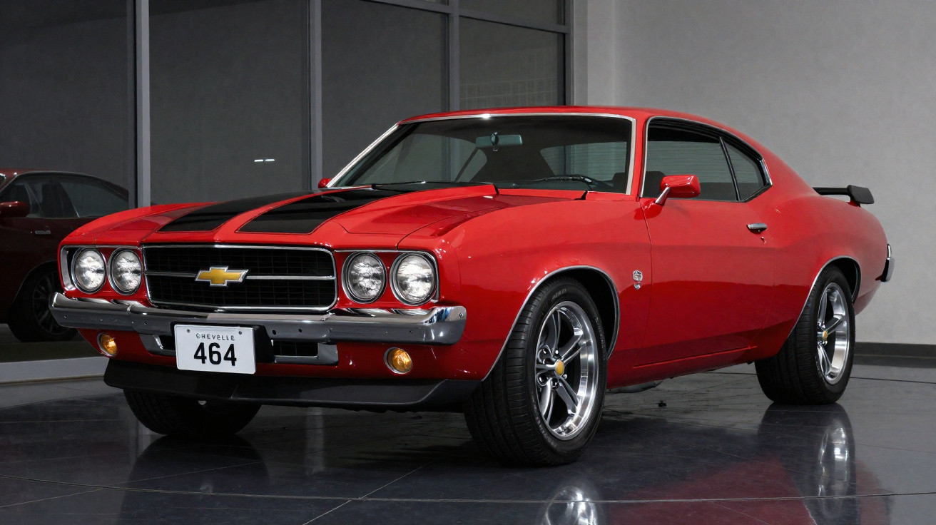 Carro clássico Chevrolet Chevelle vermelho com faixas pretas, detalhes cromados e jantes desportivas.