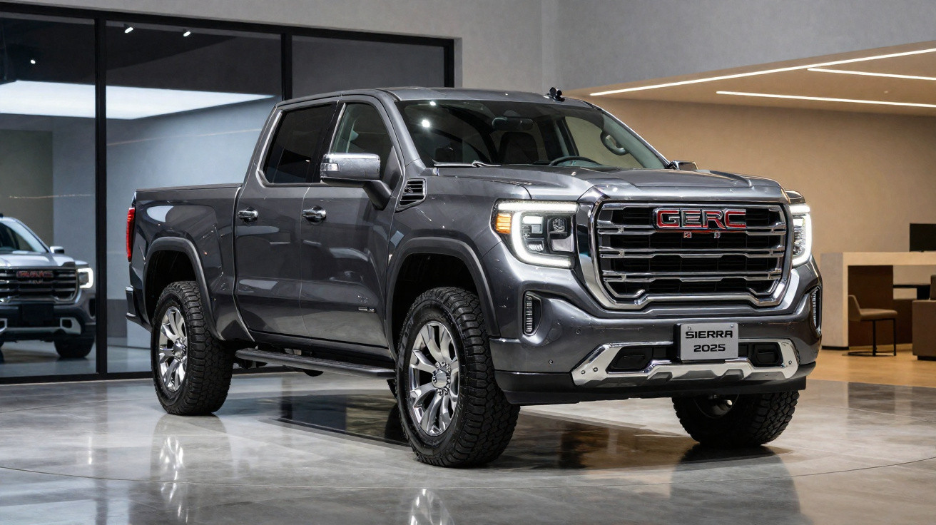 Pick-up preta GERC Sierra 2025 exibida num showroom moderno com chão refletor.