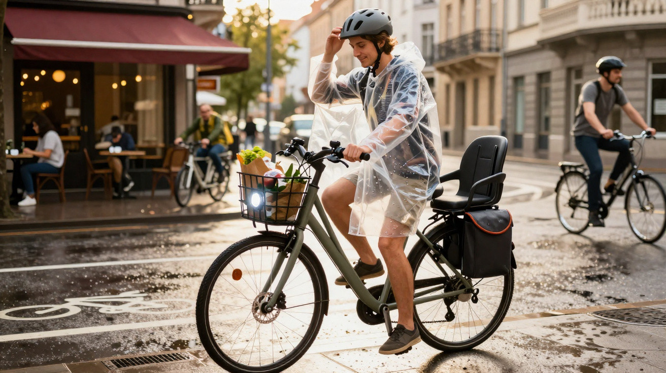 Jovem com capacete e capa de chuva monta bicicleta elétrica com cesto de compras numa rua citadina molhada.