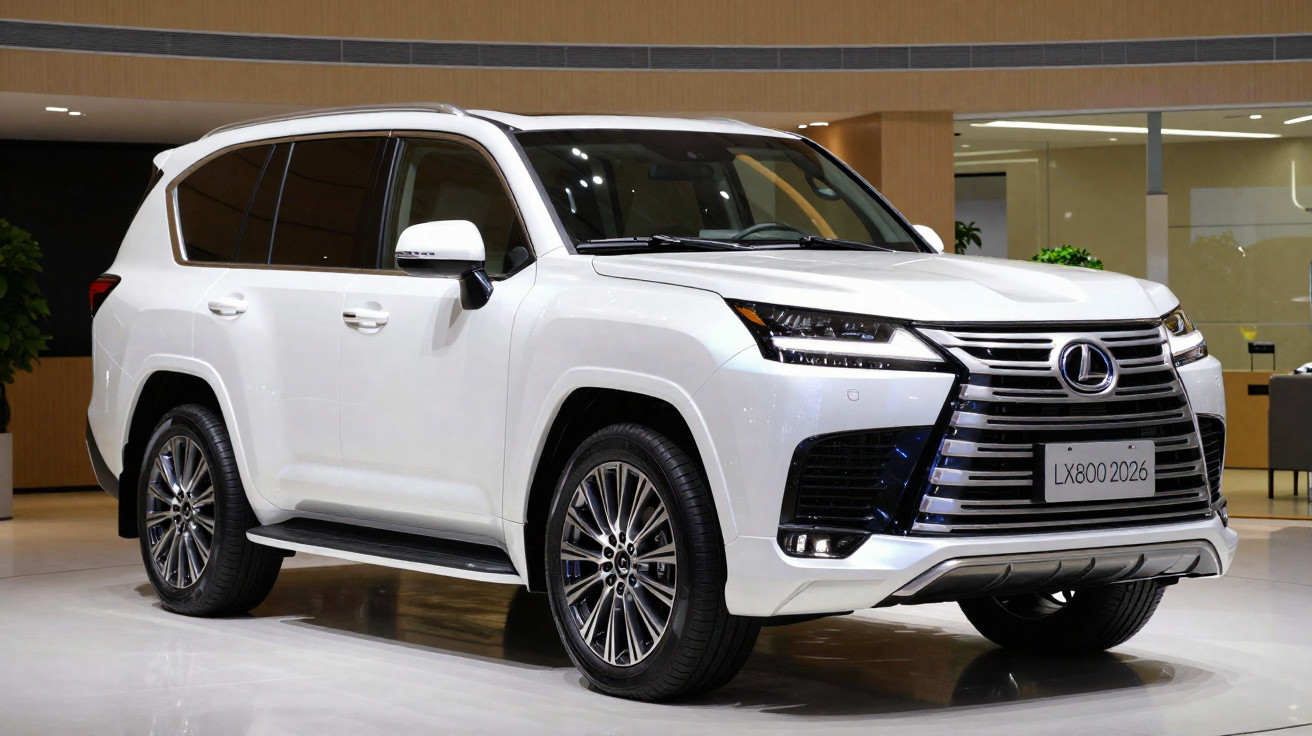 SUV branco Lexus LX800 2026 estacionado em ambiente interior moderno.
