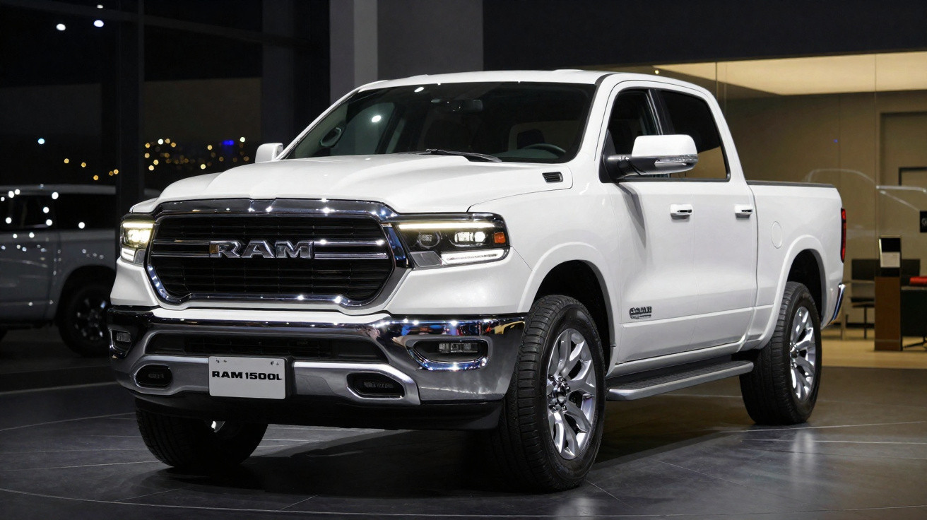 Pickup branca RAM 1500L estacionada em ambiente interior com iluminação suave e moderna.