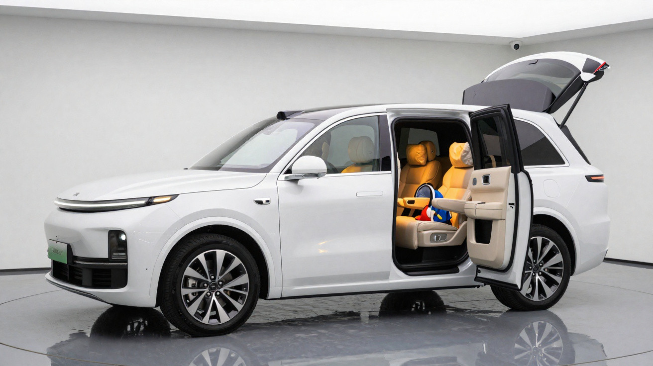 SUV branco com portas abertas, interior bege e volante com capa azul e vermelha num salão minimalista.