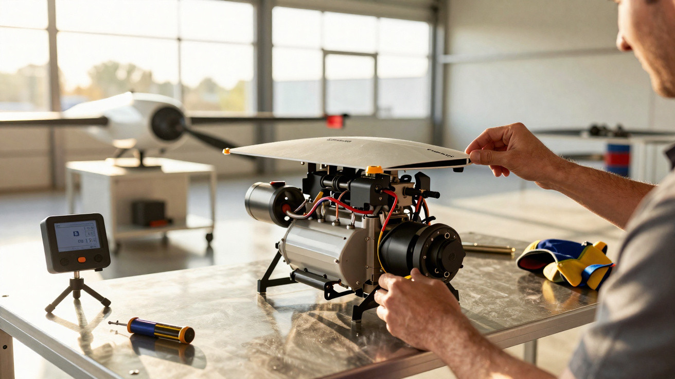 Pessoa a montar drone ou robô tecnológico prateado numa bancada de metal.